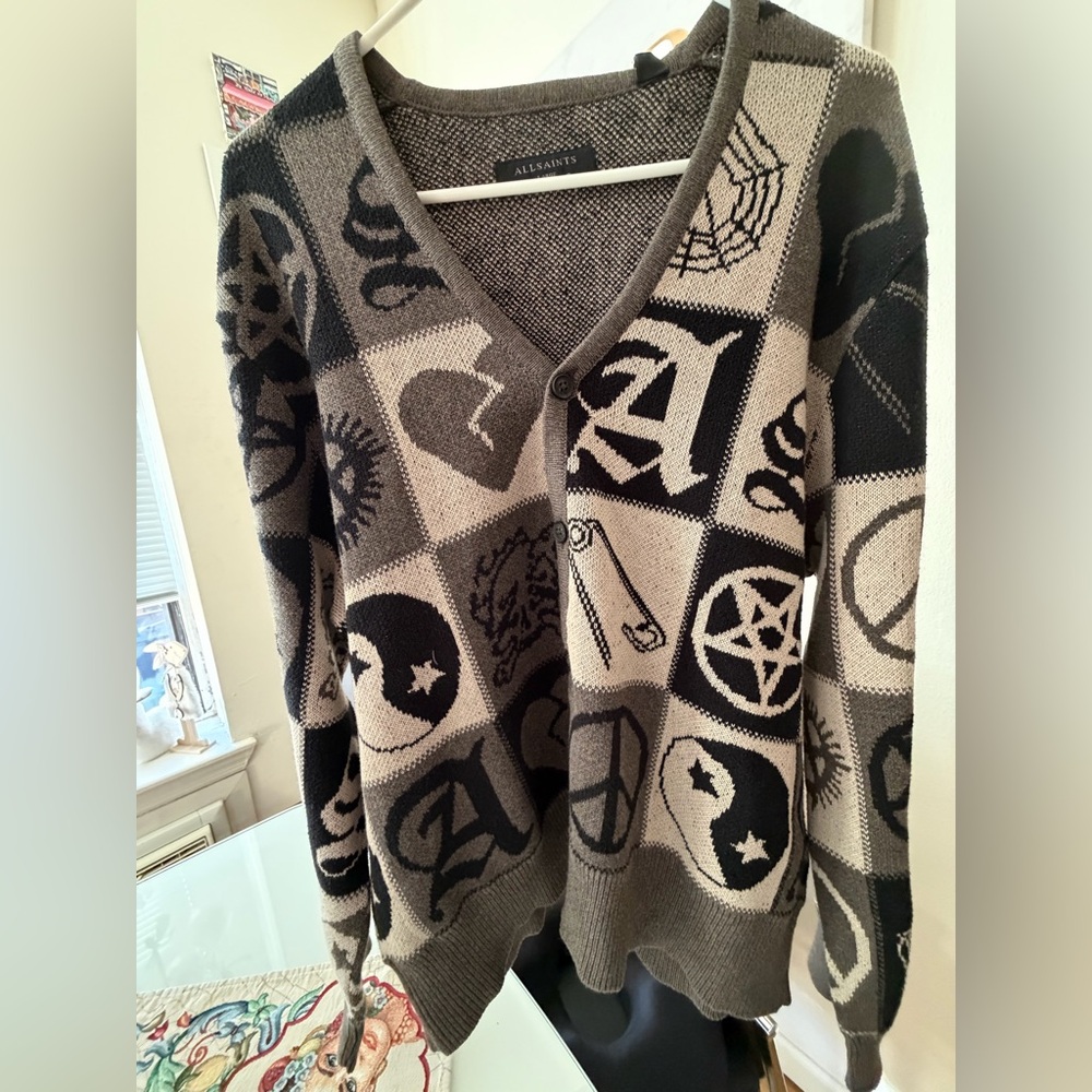 All Saints Man’s Black & Gray Patterned Button Cardigan Sweater
